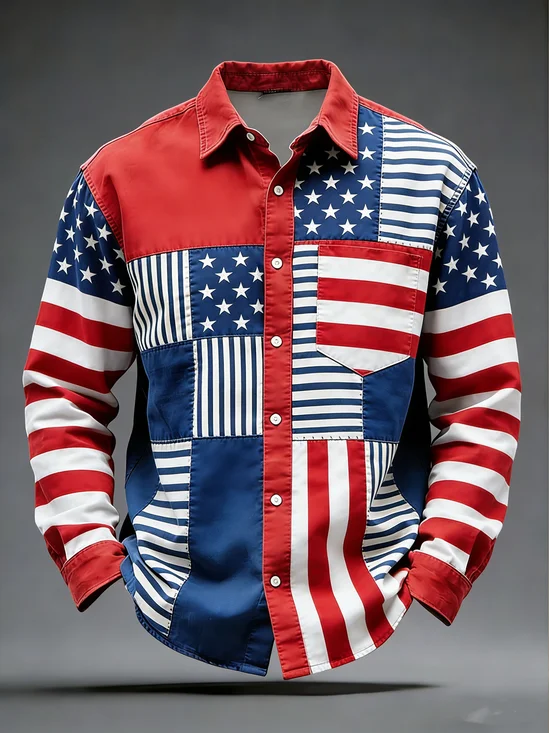 Moisture Wicking American Flag Chest Pocket Holiday Long Sleeved Shirt