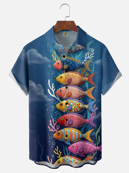 Moisture Wicking Gradient Fish Coral Chest Pocket Holiday Shirt