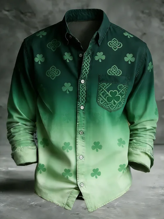 Moisture Wicking St. Patrick's Day Lucky Clover Chest Pocket Holiday Long Sleeved Shirt