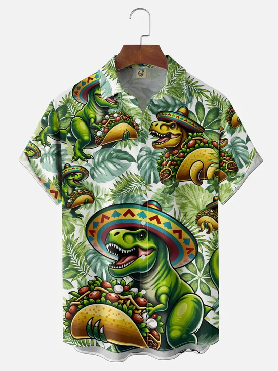 Moisture Wicking May Day Wide-Brimmed Hat Dinosaur Tacos Tropical Plant Chest Pocket Holiday Shirt