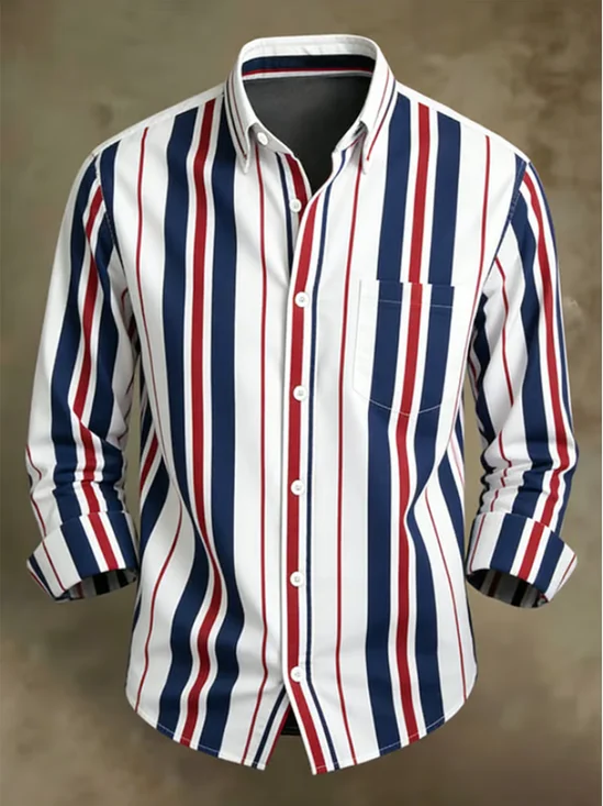 Moisture Wicking Striped Chest Pocket Holiday Style Long Sleeved Shirt