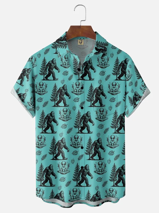 Moisture Wicking Gradient Colors Bigfoot Alien Leaves Chest Pocket Holiday Shirt