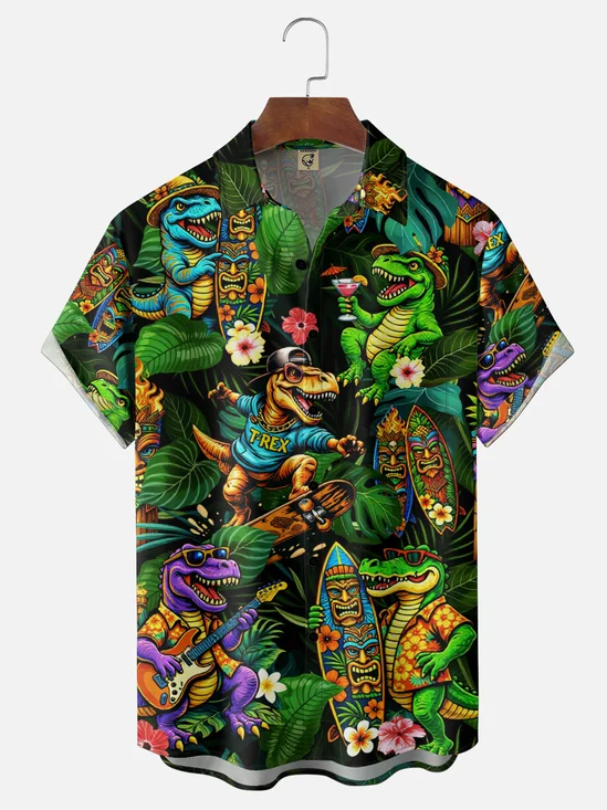 Moisture Wicking Gradient Leaves Dinosaur TiKi Chest Pocket Holiday Shirt