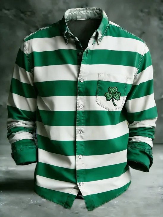 Moisture Wicking St. Patrick's Day Shamrock Chest Pocket Holiday Long Sleeve Shirt
