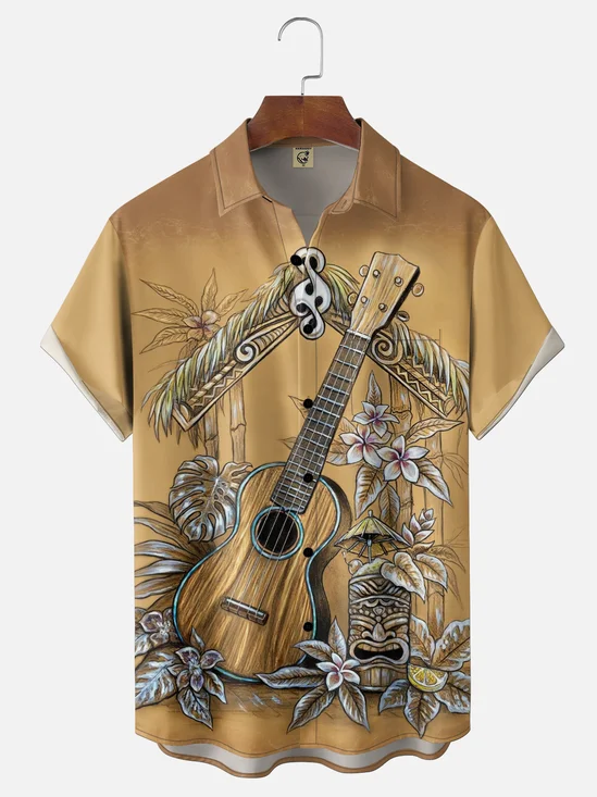 Moisture Wicking Guitar Flower TiKi Chest Pocket Holiday Shirt