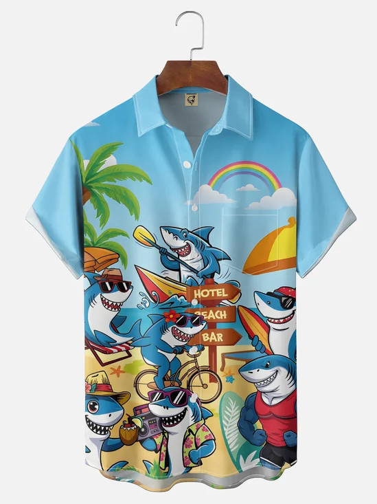 Moisture Wicking Beach Shark Coconut Tree Chest Pocket Holiday Shirt