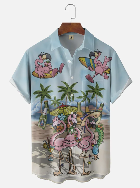 Moisture Wicking Beach Flamingo Cocktail Chest Pocket Holiday Shirt