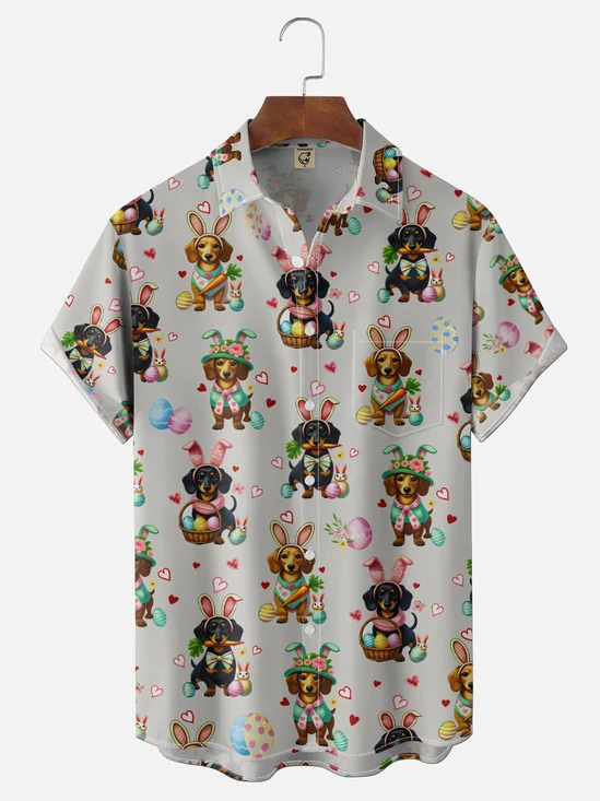 Moisture Wicking Gradient Easter Dog Egg Chest Pocket Holiday Shirt