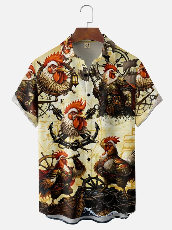 Moisture Wicking Gradient Colors Pirate Anchor Chicken Chest Pocket Holiday Shirt