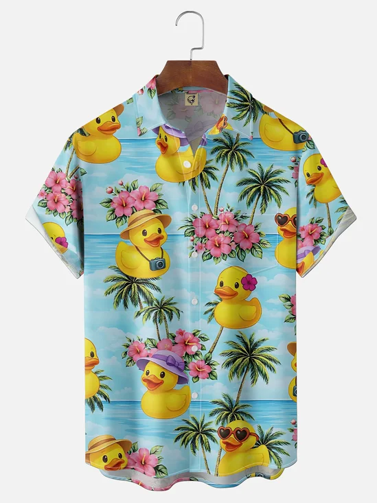 Moisture Wicking Little Yellow Duck Flowers Coconut Tree Chest Pocket Holiday Shirt