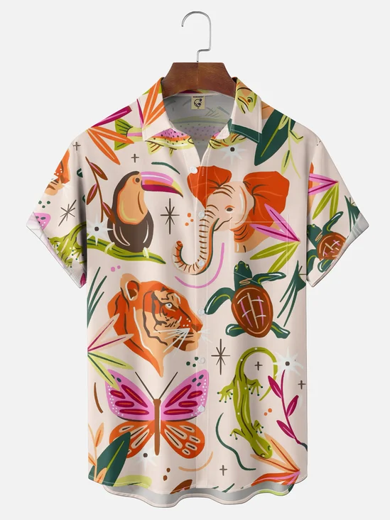 Moisture-wicking Tropical Palm Tree Toucan Chest Pocket Hawaiian Shirt