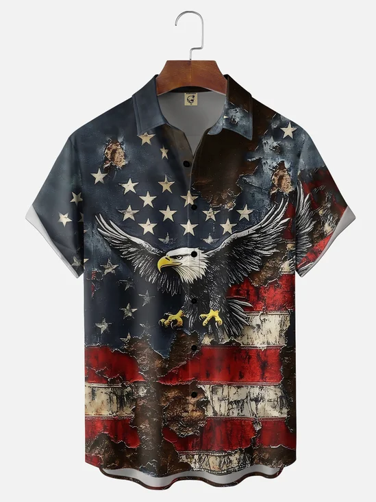 Moisture-wicking Independence Day White Eagle American Flag Art Chest Pocket Casual Shirt