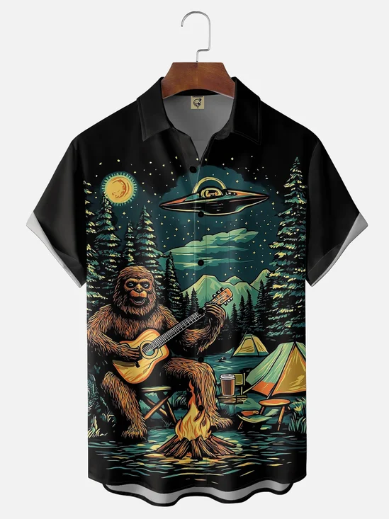 Moisture-wicking Bigfoot Camping Fun Chest Pocket Hawaiian Shirt