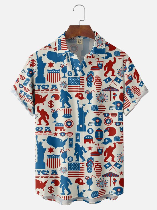 Moisture Wicking Vintage American Flag American Eagle Statue of Liberty Bigfoot, Chest Pocket Holiday Shirt