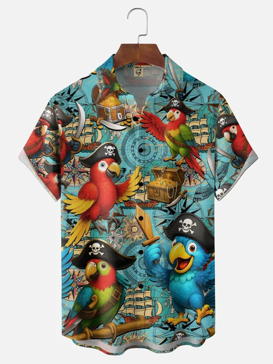 Moisture Wicking Pirate Parrot Sailboat Map Chest Pocket Holiday Shirt