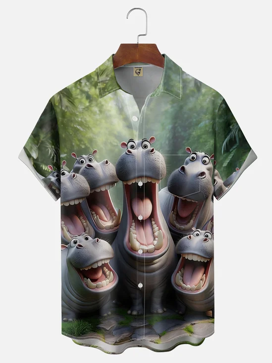Moisture-wicking Fun Hippo Forest Chest Pocket Hawaiian Shirt