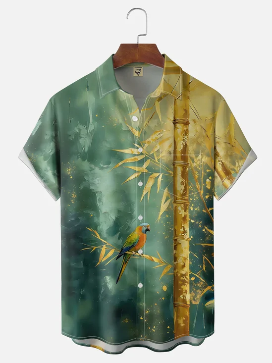 Moisture Wicking Plant Parrot Chest Pocke Holiday Hawaii Shirt
