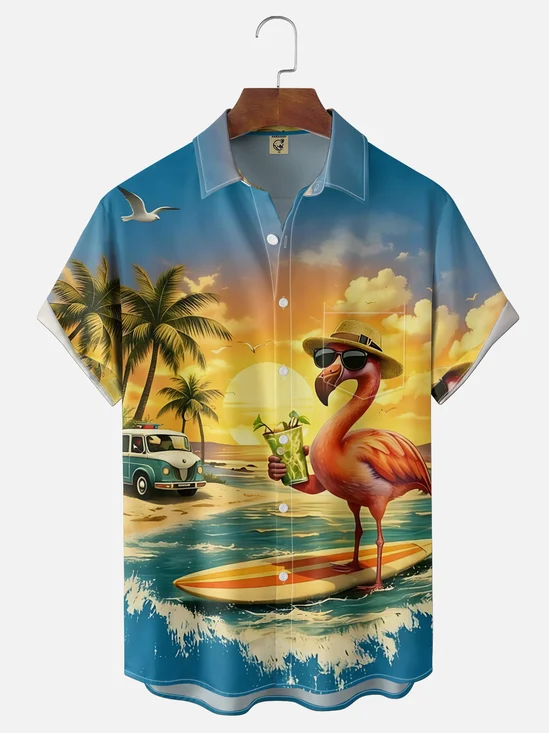 Moisture Wicking Fun Flamingo Chest Pocke Holiday Hawaii Shirt