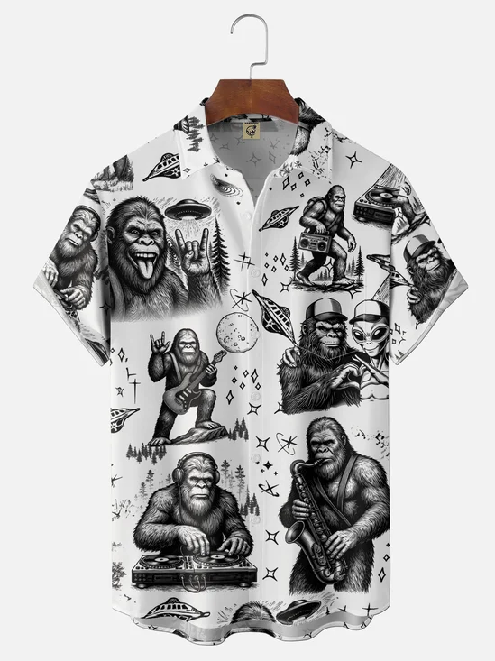 Moisture Wicking Rock Punk Guitar Bigfoot Alien Chest Pocket Holiday Shirt