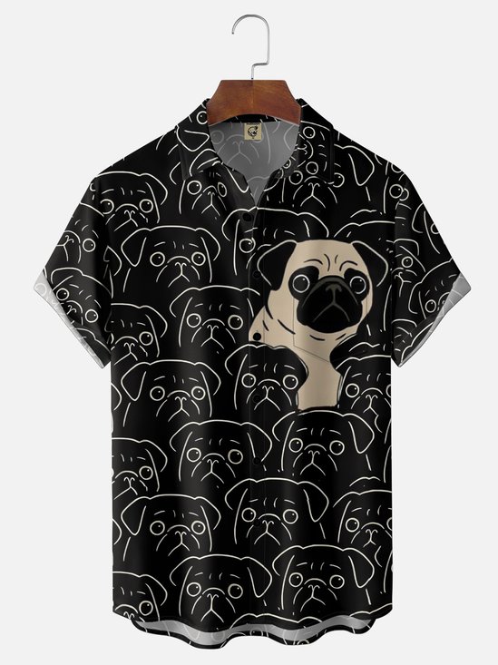 Moisture Wicking Funny Pug Chest Pocket Holiday Hawaii Shirt