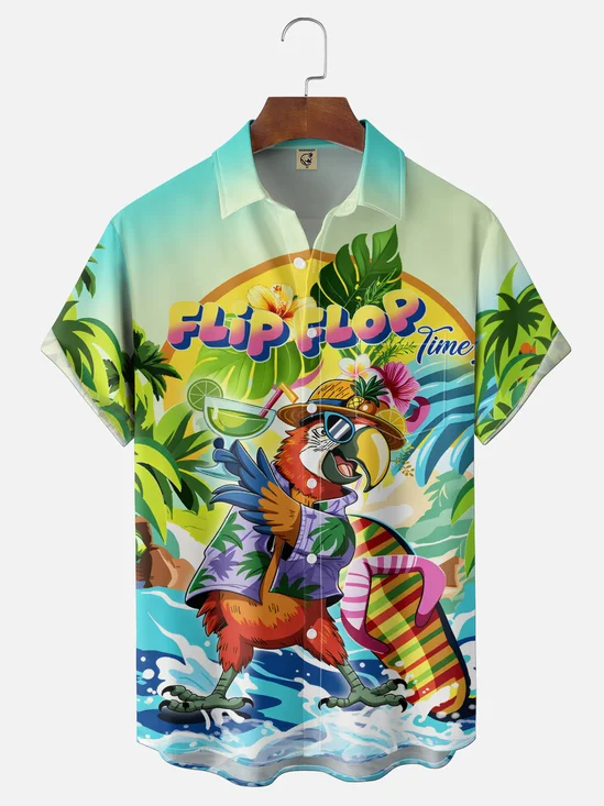 Moisture Wicking Gradient Colors Tropical Plants Parrot Cocktail Chest Pocket Holiday Shirt