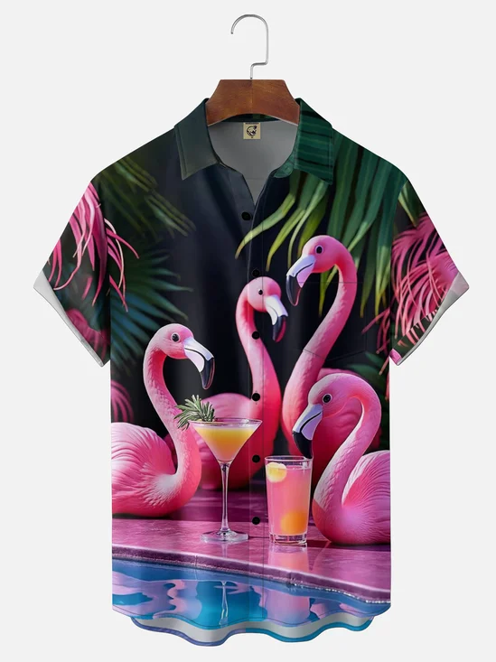 Moisture-wicking Flamingo Party Cocktail Chest Pocket Hawaiian Shirt