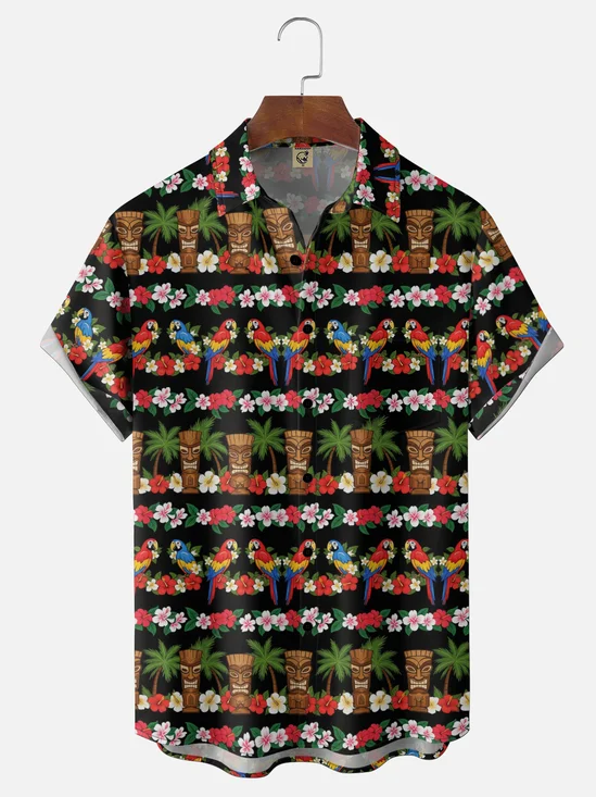 Moisture Wicking TiKi Parrot Flowers Chest Pocket Holiday Shirt