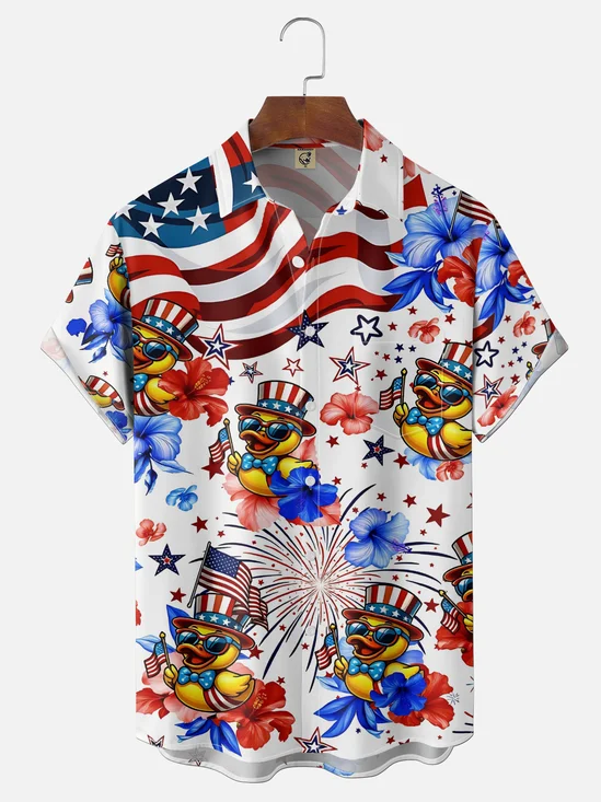 Moisture Wicking Gradient Colors American Flag Little Yellow Duck Flower Chest Pocket Holiday Shirt