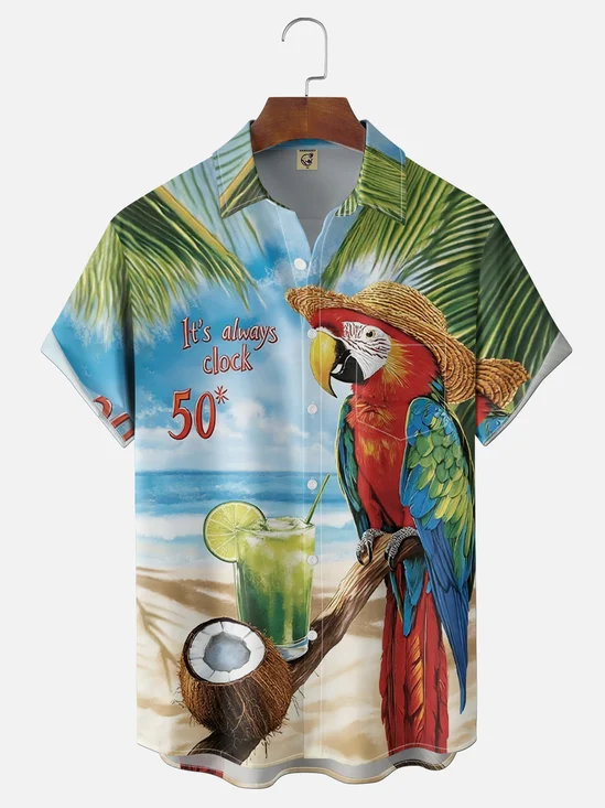 Moisture Wicking Tropical Parrot Chest Pocke Holiday Hawaii Shirt