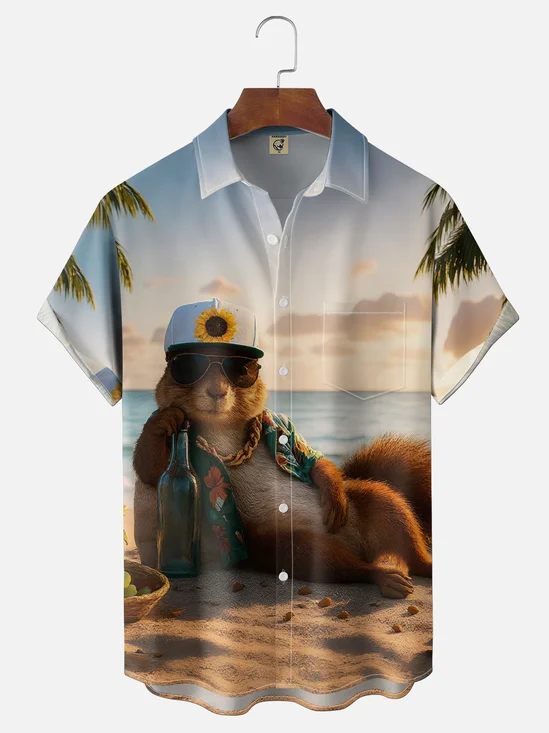 Moisture Wicking Beach Vacation Squirrel Print Chest Pocket Holiday Hawaiian Shirt