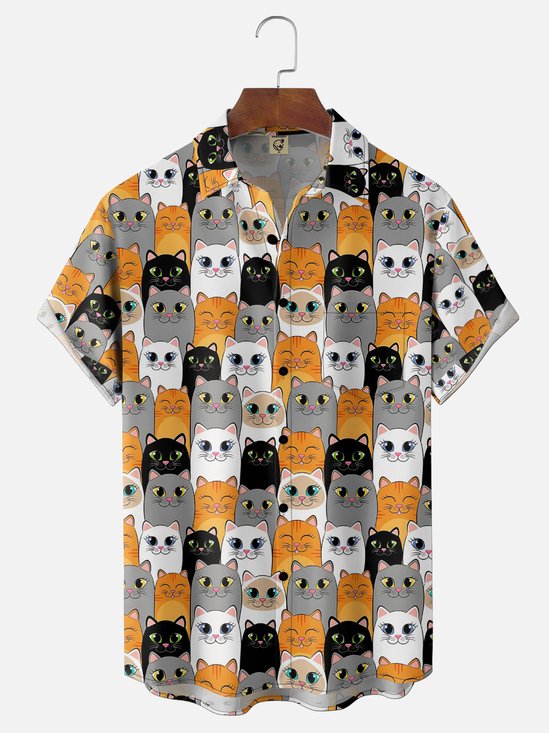 Moisture Wicking Fun Cat Design Chest Pocket Holiday Hawaiian Shirt