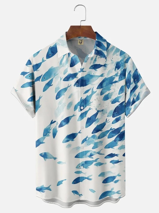 Moisture Wicking Fabric Fish Pattern Chest Pocket Holiday Hawaiian Shirt