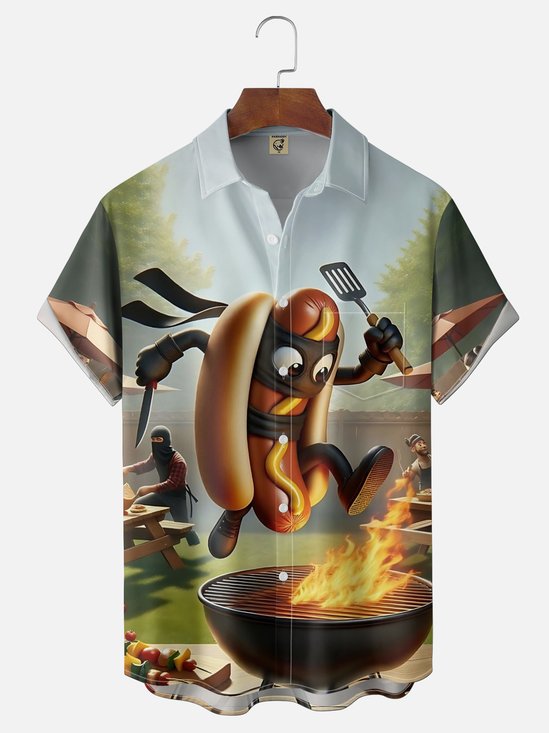 Moisture Wicking Fun Ninja Hot Dog Design Chest Pocket Goliday Hawaiian Shirt