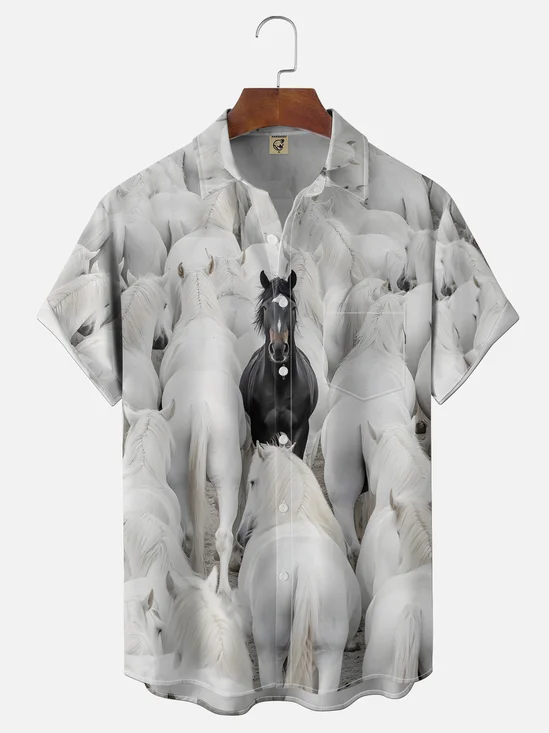 Moisture Wicking Horse Themed Chest Pocket Holiday Hawaiian Shirt