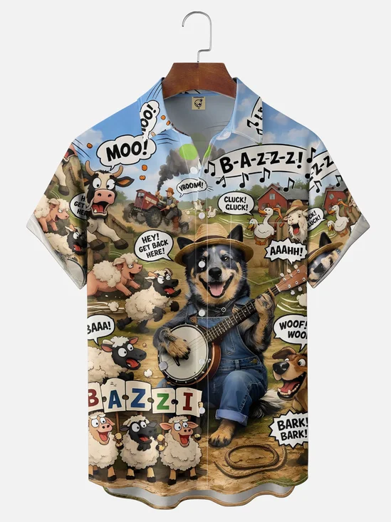 Moisture Wicking Fun Farm Animal Dog Sheep Cow Pig Chest Pocket Holiday Hawaiian Shirt