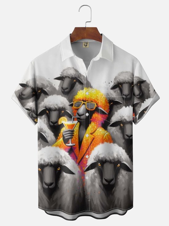 Moisture Wicking Fun Sheep Design Chest Pocket Holiday Hawaiian Shirt