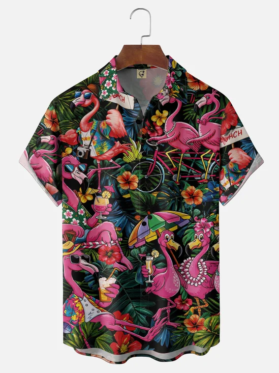 Moisture Wicking Tropical Plants Flowers Flamingos Chest Pocket Holiday Shirt
