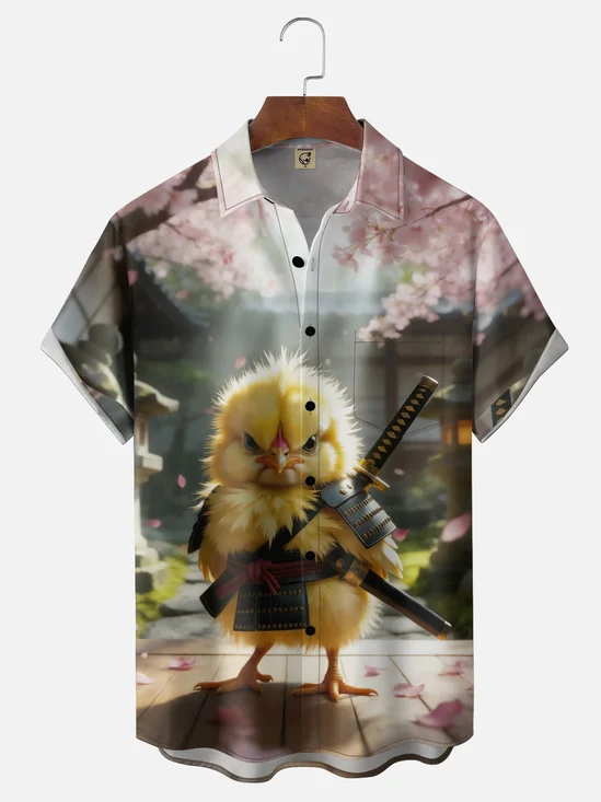 Moisture-wicking Samurai Chicken Sakura Chest Pocket Casual Shirt