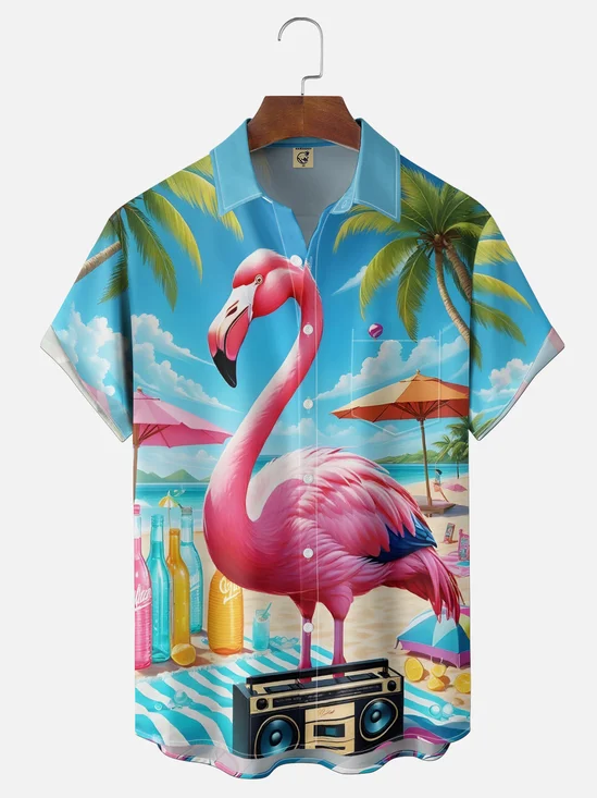 Moisture Wicking Gradient Beach Flamingo Chest Pocket Holiday Shirt