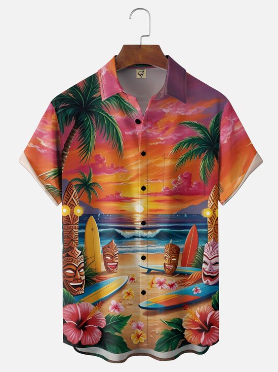 Moisture Wicking Gradient Colors TiKi Beach Floral Chest Pocket Holiday Shirt