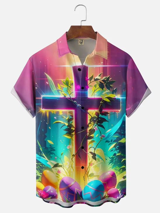 Moisture Wicking Easter Gradient Cross Easter Egg Chest Pocket Holiday Shirt