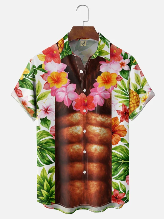Moisture Wicking Gradient Colors Abstract Muscle Suit Tropical Plants Flowers Chest Pocket Holiday Shirt