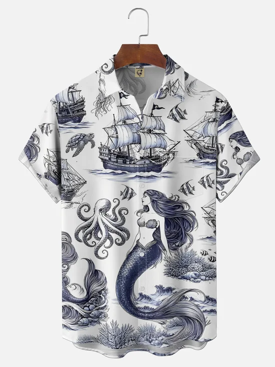 Moisture Wicking Gradient Line Drawing Mermaid Sailboat Chest Pocket Holiday Shirt