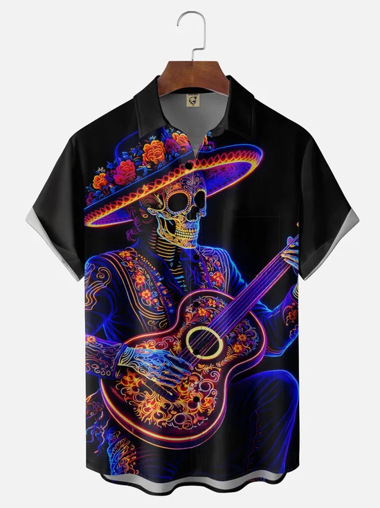 Moisture Wicking Day Of The Dead Gradient Neon Skull Figure Guitar Chest Pocket Holiday Shirt