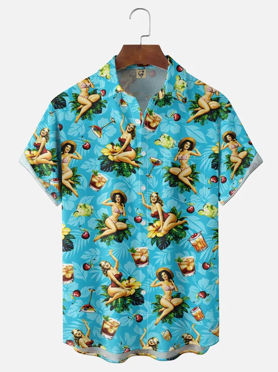 Moisture Wicking Gradient Colors Vintage Beauty Floral Cocktail Chest Pocket Holiday Shirt