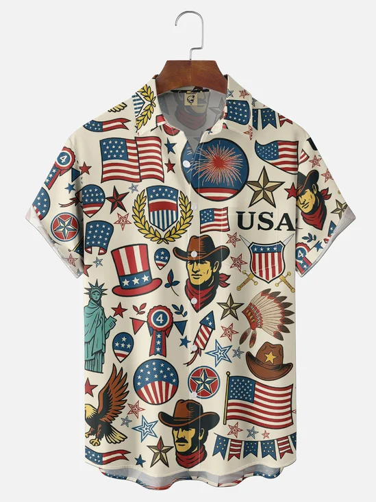 Moisture Wicking Vintage American Flag American Eagle Statue Of Liberty Chest Pocket Holiday Shirt