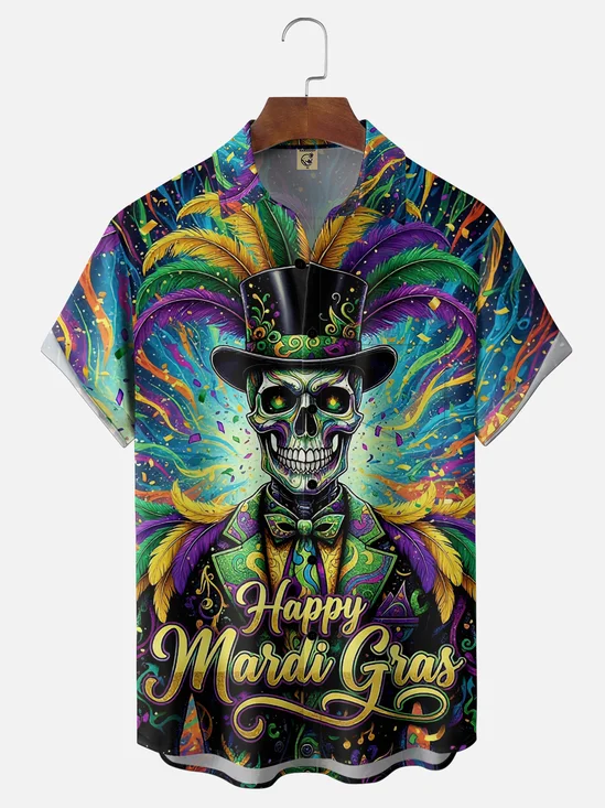 Moisture-wicking Mardi Gras Skeleton Chest Pocket Casual Shirt
