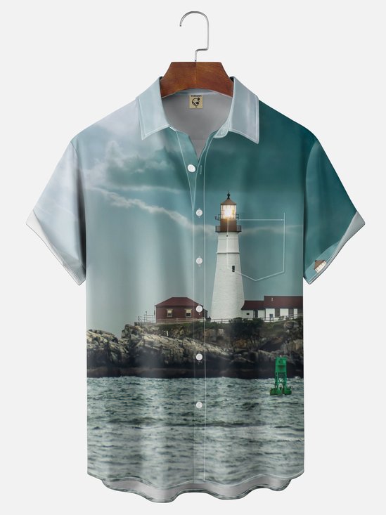 Hardaddy X Mike Braun Moisture-wicking Ocean Lighthouse Chest Pocket Hawaiian Shirt