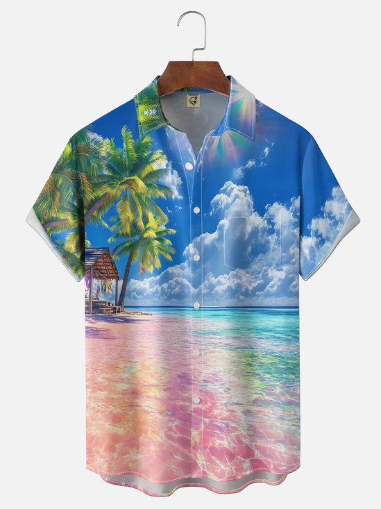 Moisture-wicking Island Beach Fantasy Art Chest Pocket Hawaiian Shirt