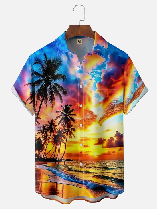 Moisture-wicking Island Beach Fantasy Art Chest Pocket Hawaiian Shirt